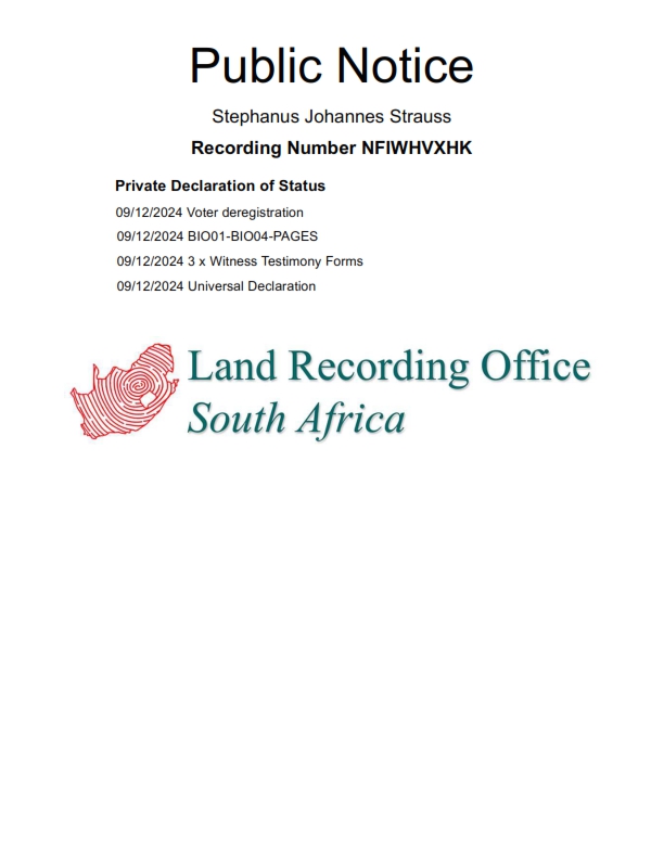 Public notice Stephanus Johannes Strauss Recording Number NFIWHVXHK